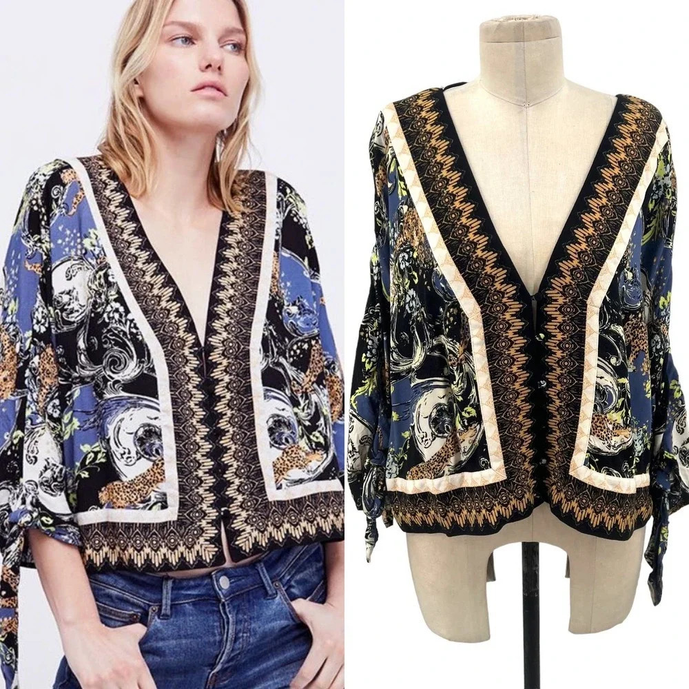 Free People Catch Me If You Can Top Black Leopard Print Size Small